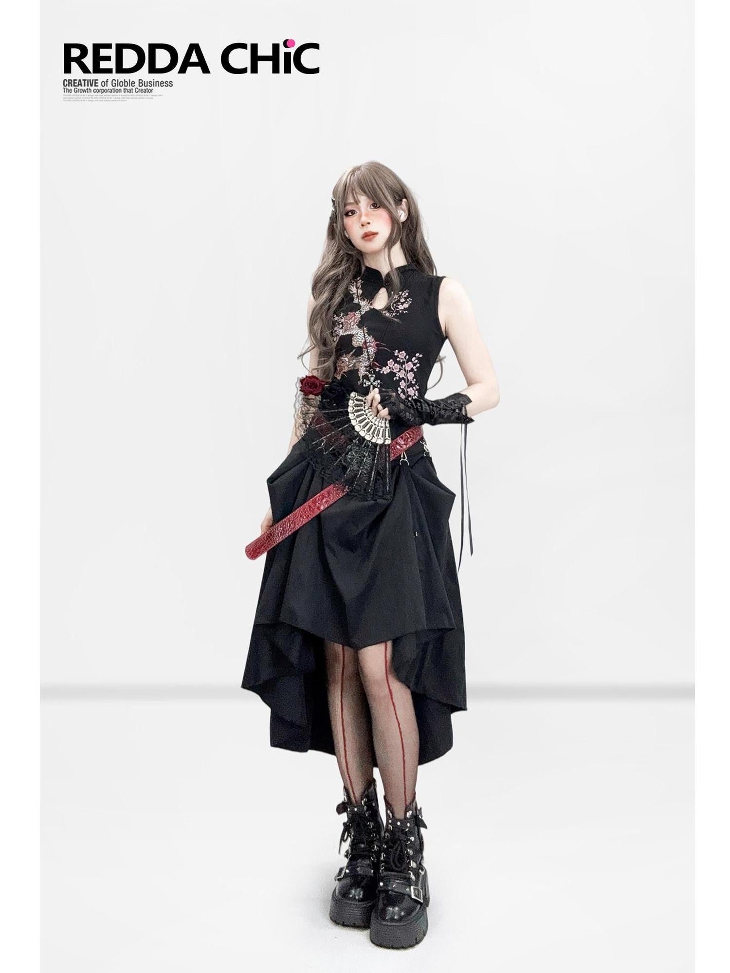 REDDACHIC Dark Cheongsam Inspired Floral Stand Collar Slim Women'S Mesh Midi Dresses