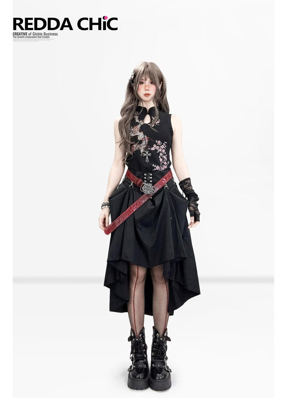 REDDACHIC Dark Cheongsam Inspired Floral Stand Collar Slim Women'S Mesh Midi Dresses