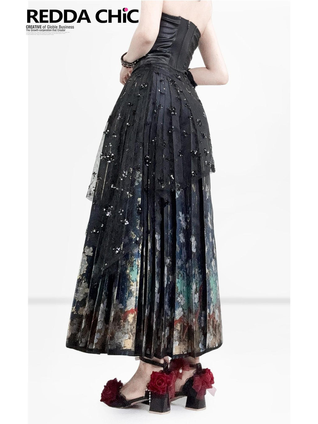 REDDACHIC Dark Embroidered Gradient Pleated Ma Mian Women'S Polyester Maxi Skirts