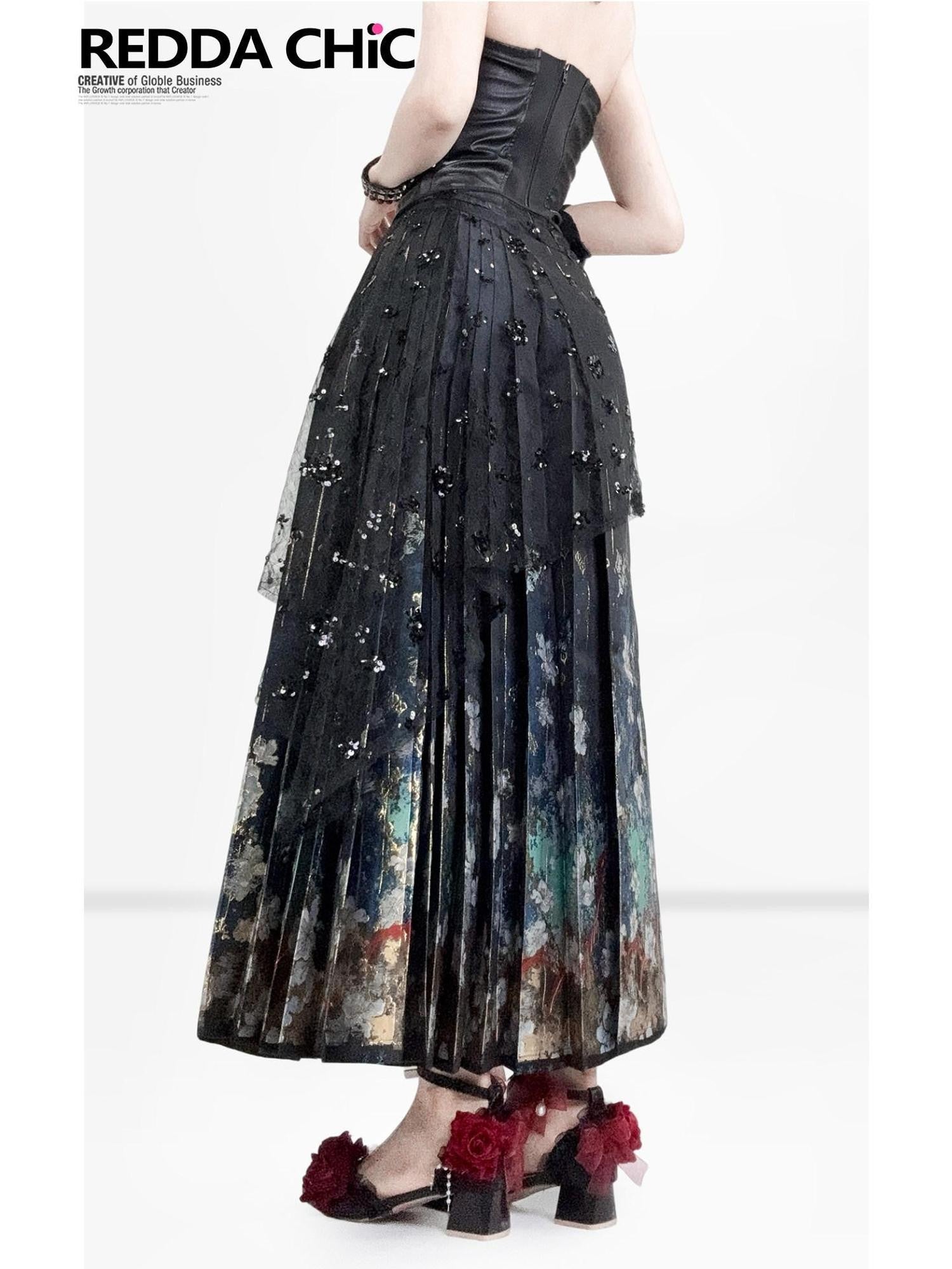 REDDACHIC Dark Embroidered Gradient Pleated Ma Mian Women'S Polyester Maxi Skirts