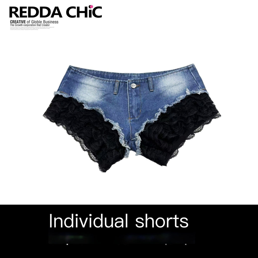REDDACHIC_Dark_Goth_Lace_Patchwork_Chain_Low_Waist_Women'S_Denim_Shorts_MISSTT