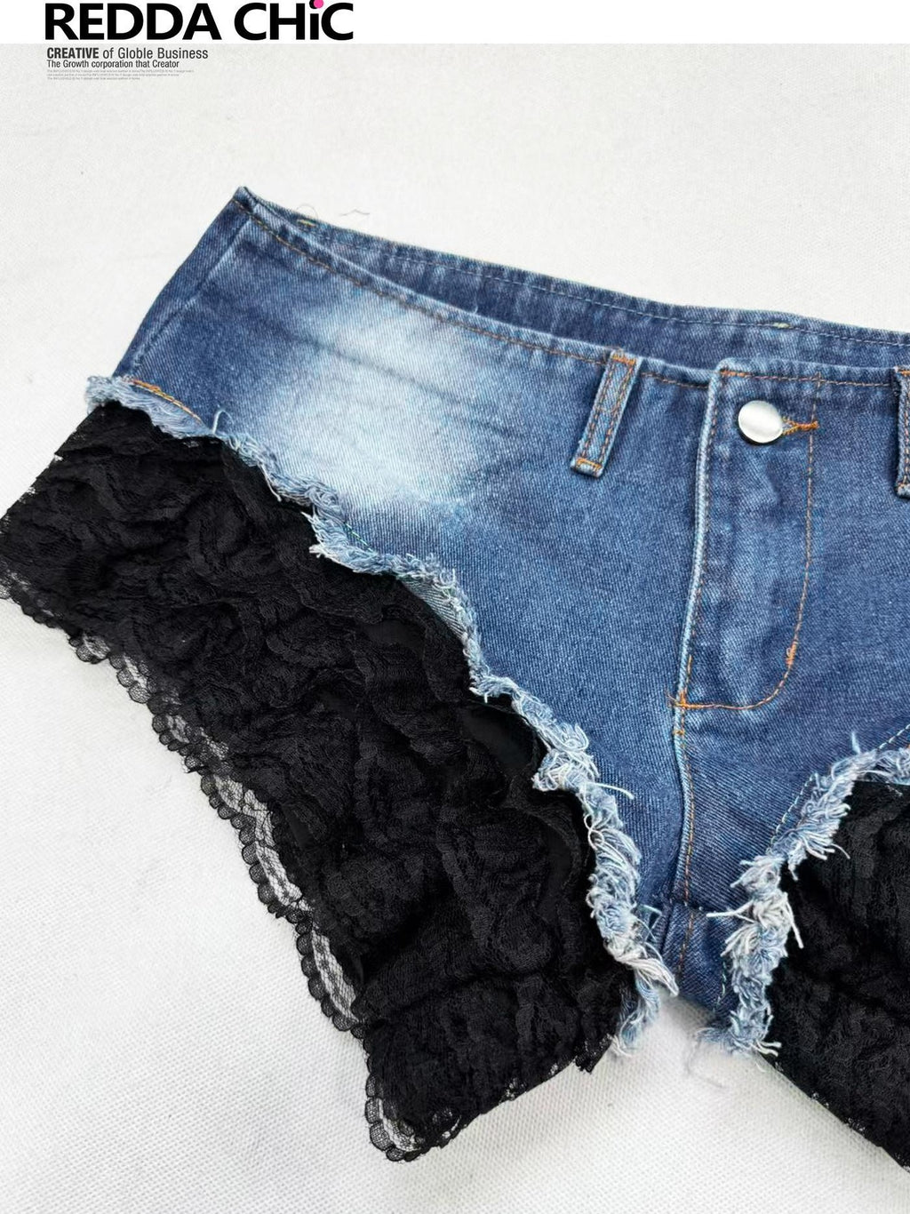 REDDACHIC Dark Goth Lace Patchwork Chain Low Waist Women'S Denim Shorts