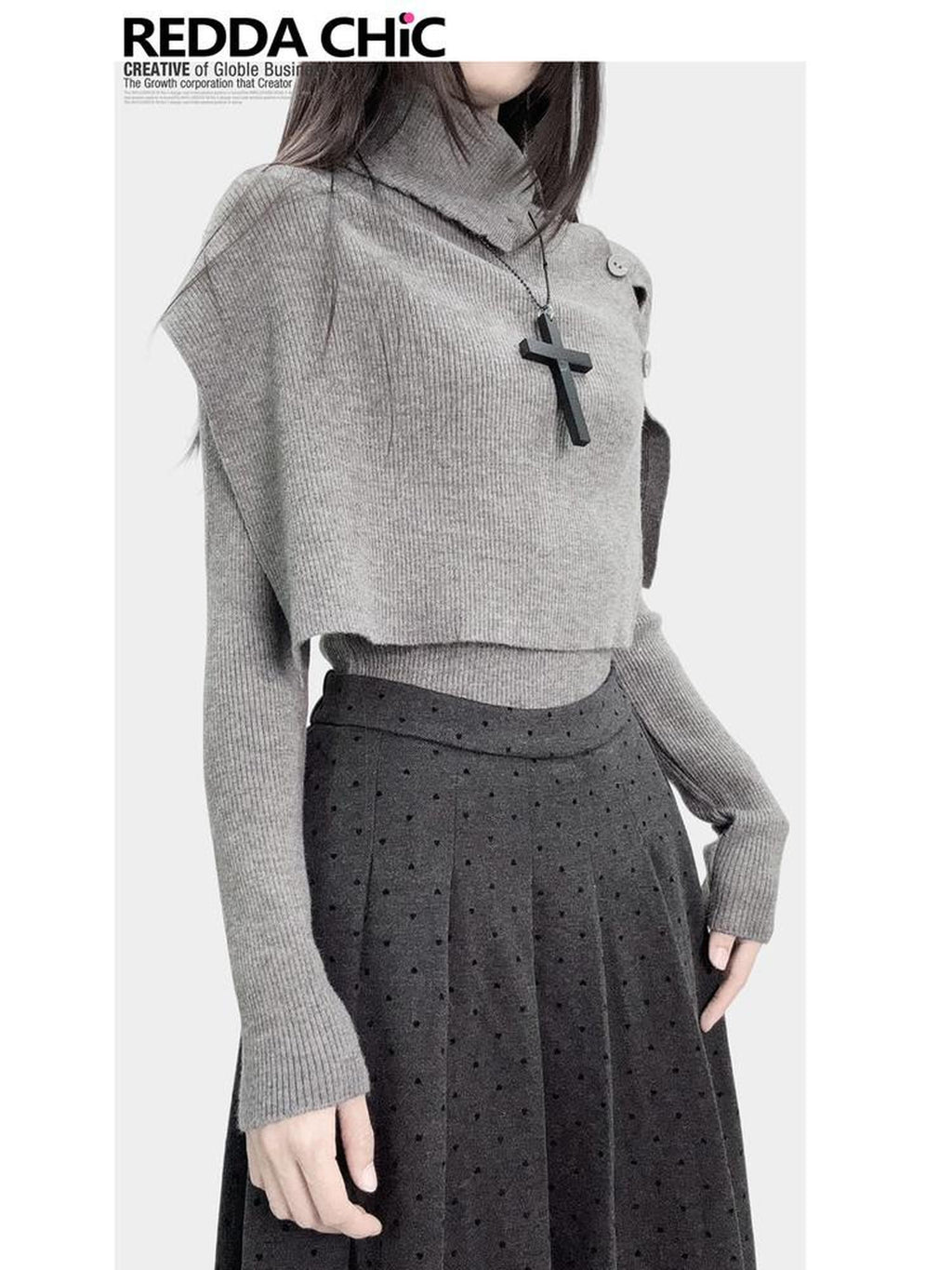 REDDACHIC Dark Gothic Asymmetric Cape High Neck Cropped Women'S Knit Cardigans