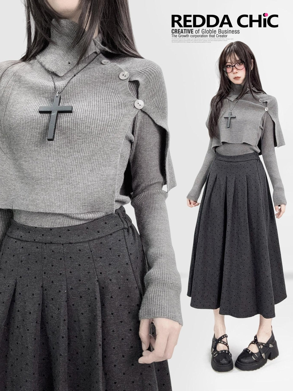 REDDACHIC Dark Gothic Asymmetric Cape High Neck Cropped Women'S Knit Cardigans
