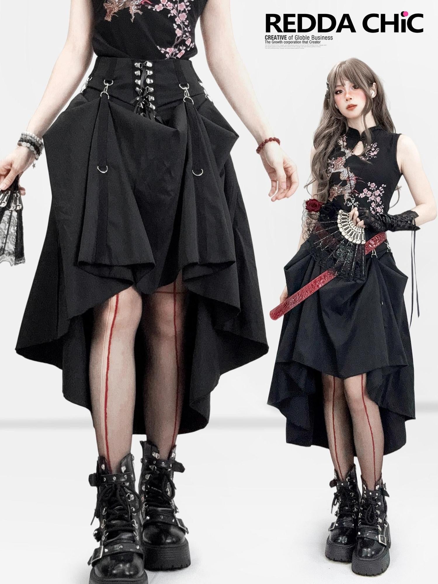 REDDACHIC Dark Gothic Asymmetric Ruffle Patchwork A Line Women'S Midi Skirts