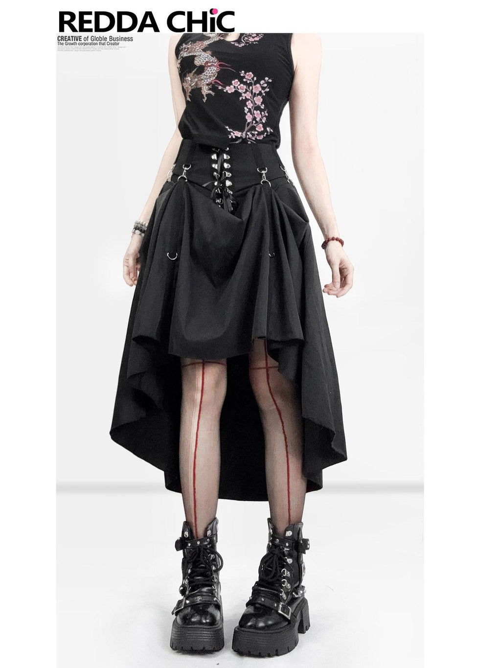 REDDACHIC Dark Gothic Asymmetric Ruffle Patchwork A Line Women'S Midi Skirts