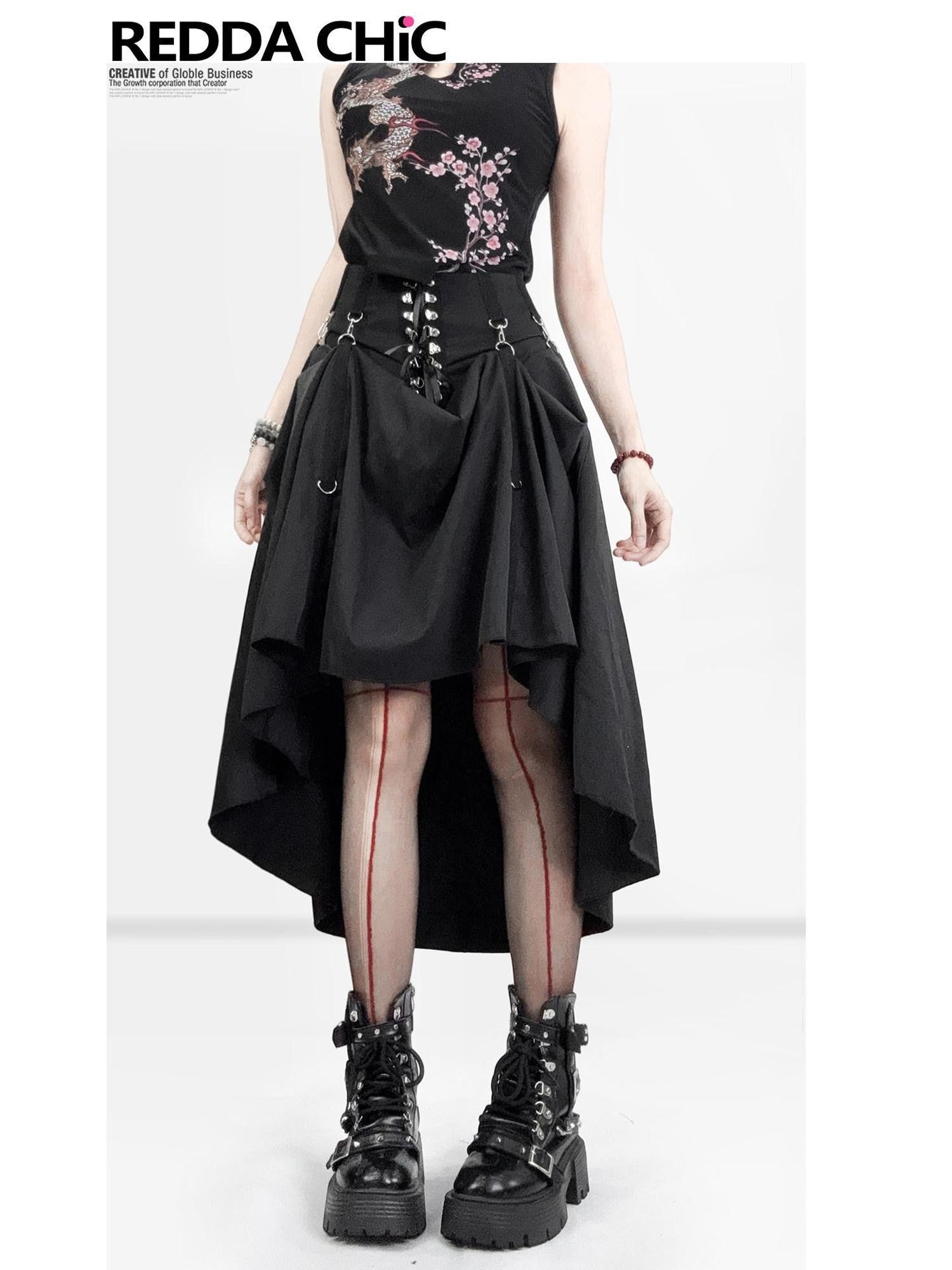 REDDACHIC Dark Gothic Asymmetric Ruffle Patchwork A Line Women'S Midi Skirts