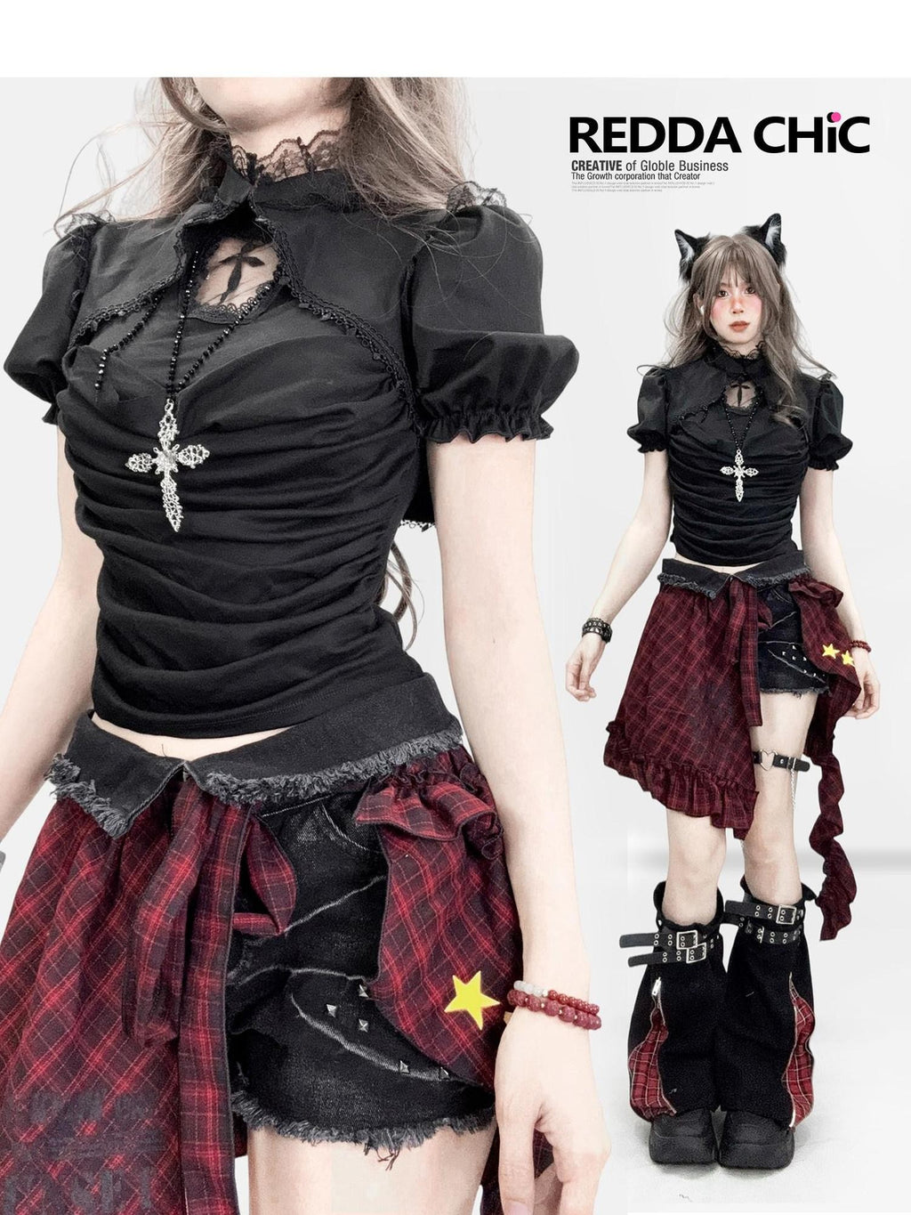 REDDACHIC Dark Gothic Cutout Cross Padded Bust Vest Slim Fit Women'S Short Sleeve T-Shirts