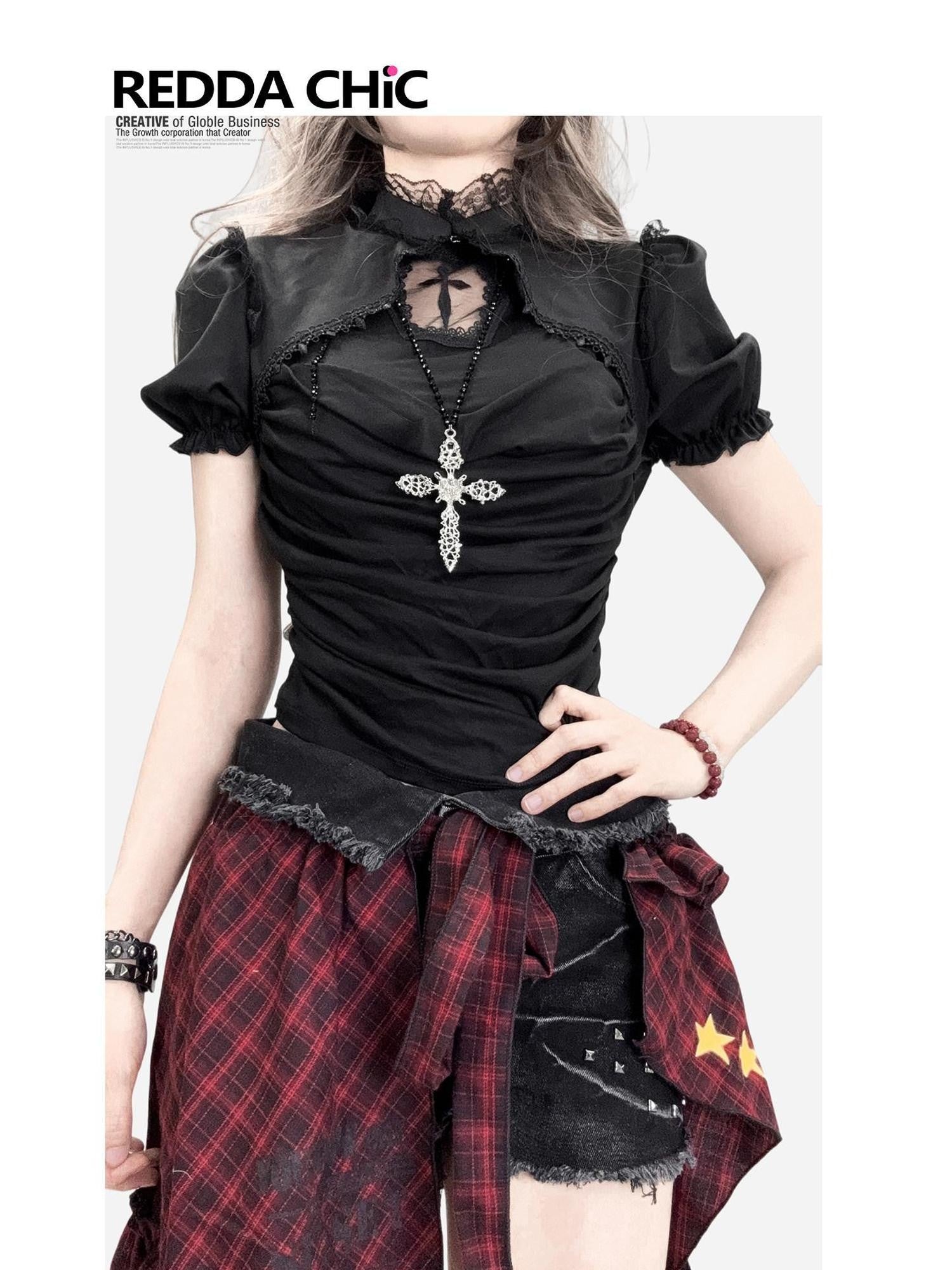 REDDACHIC Dark Gothic Cutout Cross Padded Bust Vest Slim Fit Women'S Short Sleeve T-Shirts
