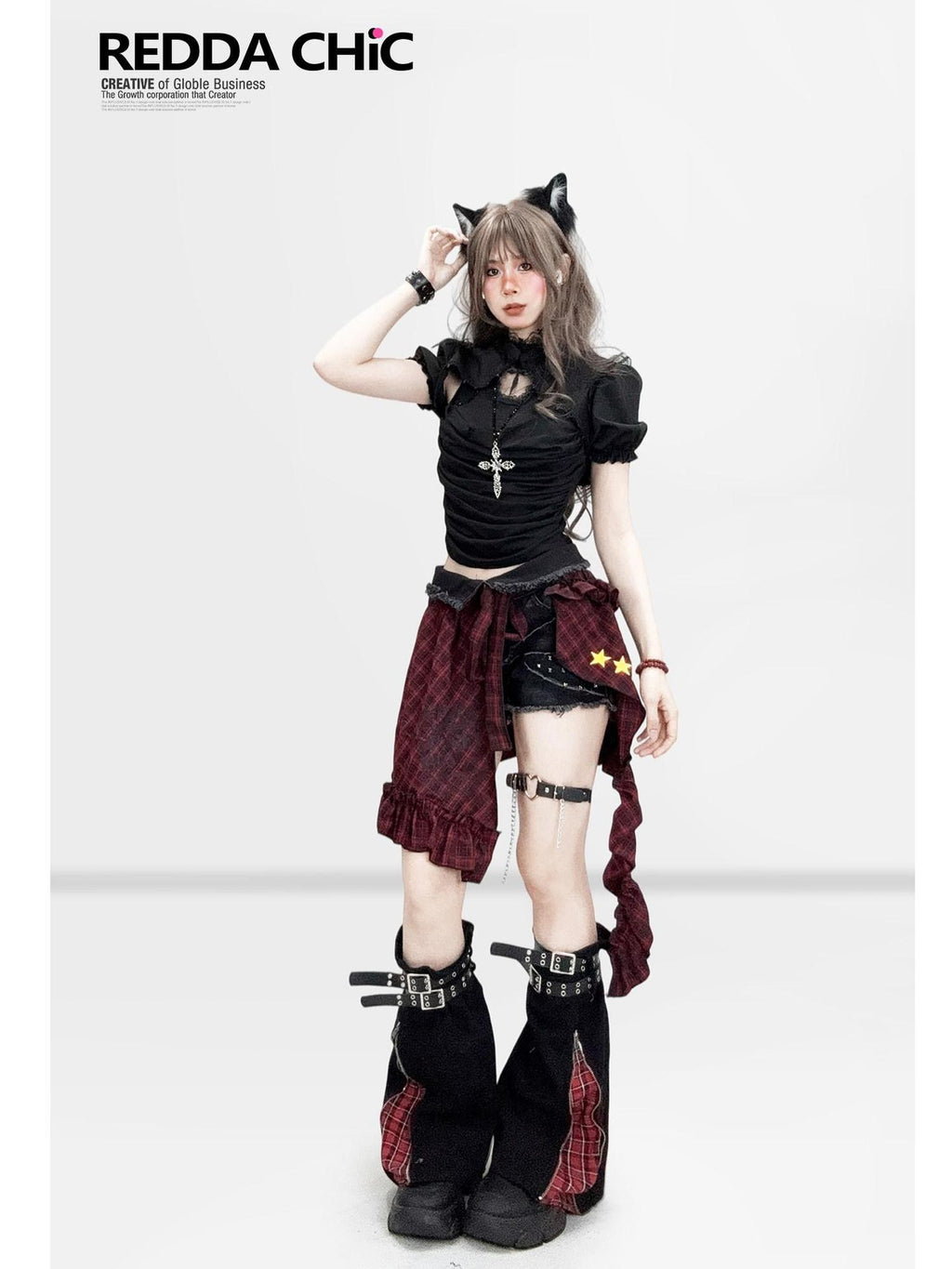 REDDACHIC Dark Gothic Cutout Cross Padded Bust Vest Slim Fit Women'S Short Sleeve T-Shirts
