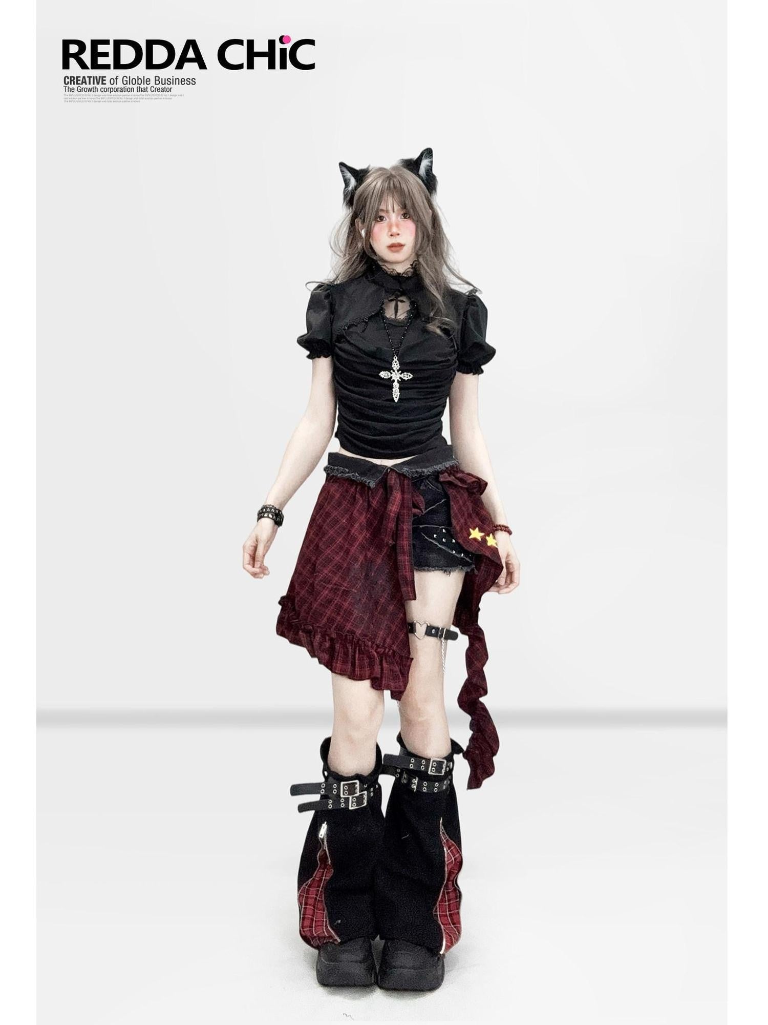 REDDACHIC Dark Gothic Cutout Cross Padded Bust Vest Slim Fit Women'S Short Sleeve T-Shirts