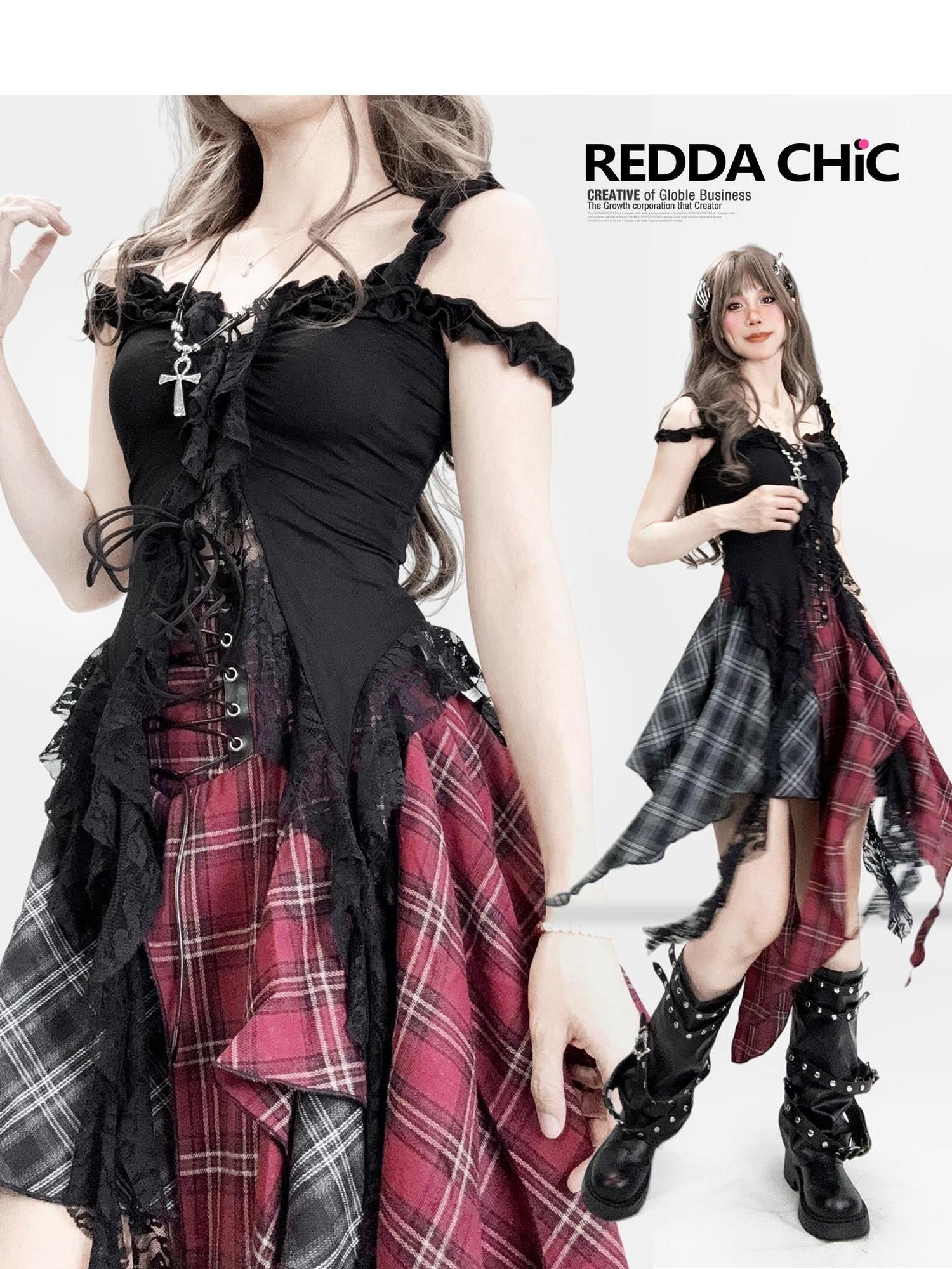 REDDACHIC Dark Gothic Irregular Ruffle V-neck Tie Waist Women'S Lace Slip Mini Dresses