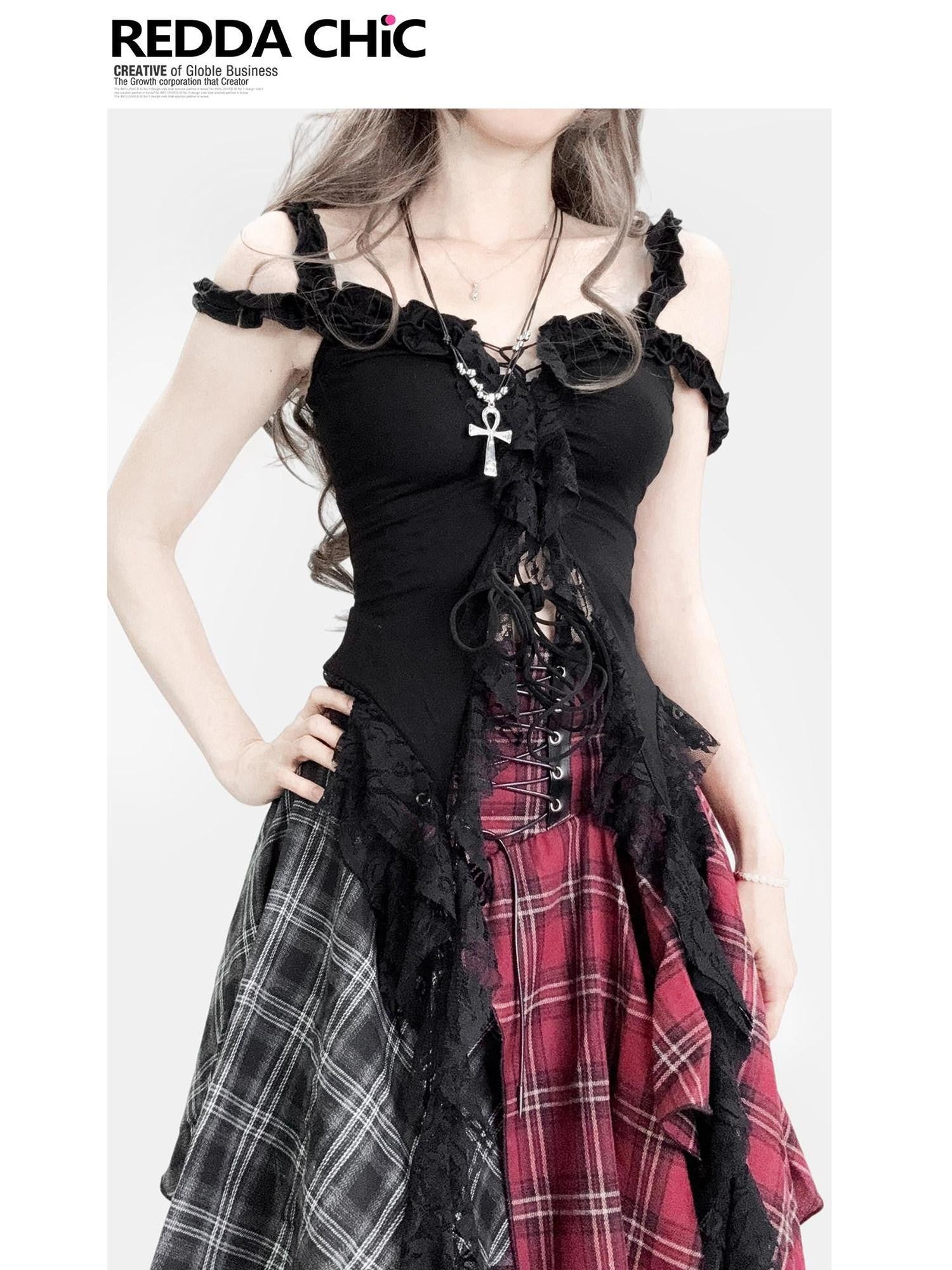 REDDACHIC Dark Gothic Irregular Ruffle V-neck Tie Waist Women'S Lace Slip Mini Dresses