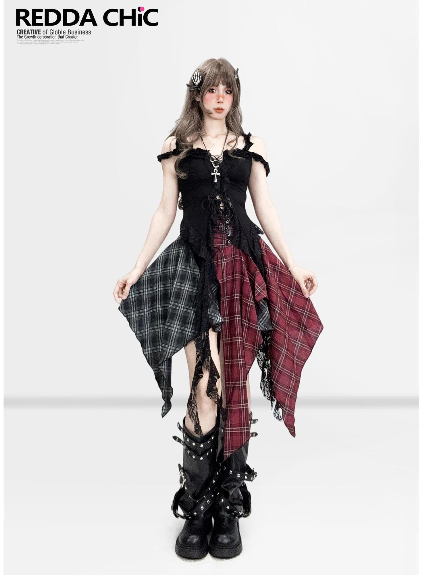 REDDACHIC Dark Gothic Irregular Ruffle V-neck Tie Waist Women'S Lace Slip Mini Dresses