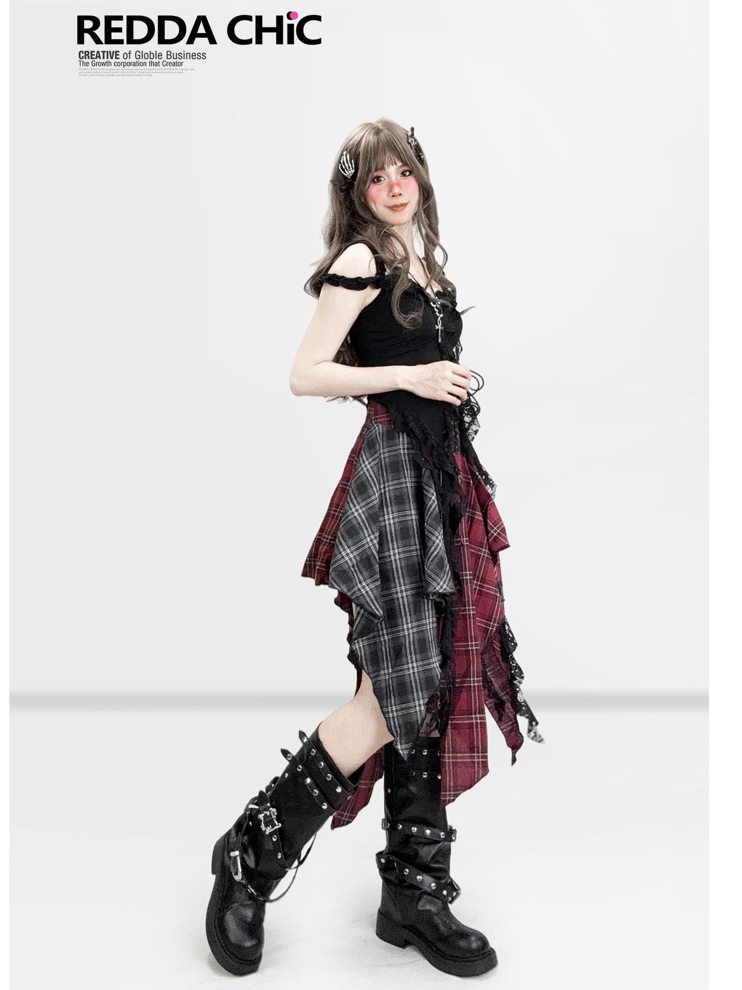 REDDACHIC Dark Gothic Irregular Ruffle V-neck Tie Waist Women'S Lace Slip Mini Dresses