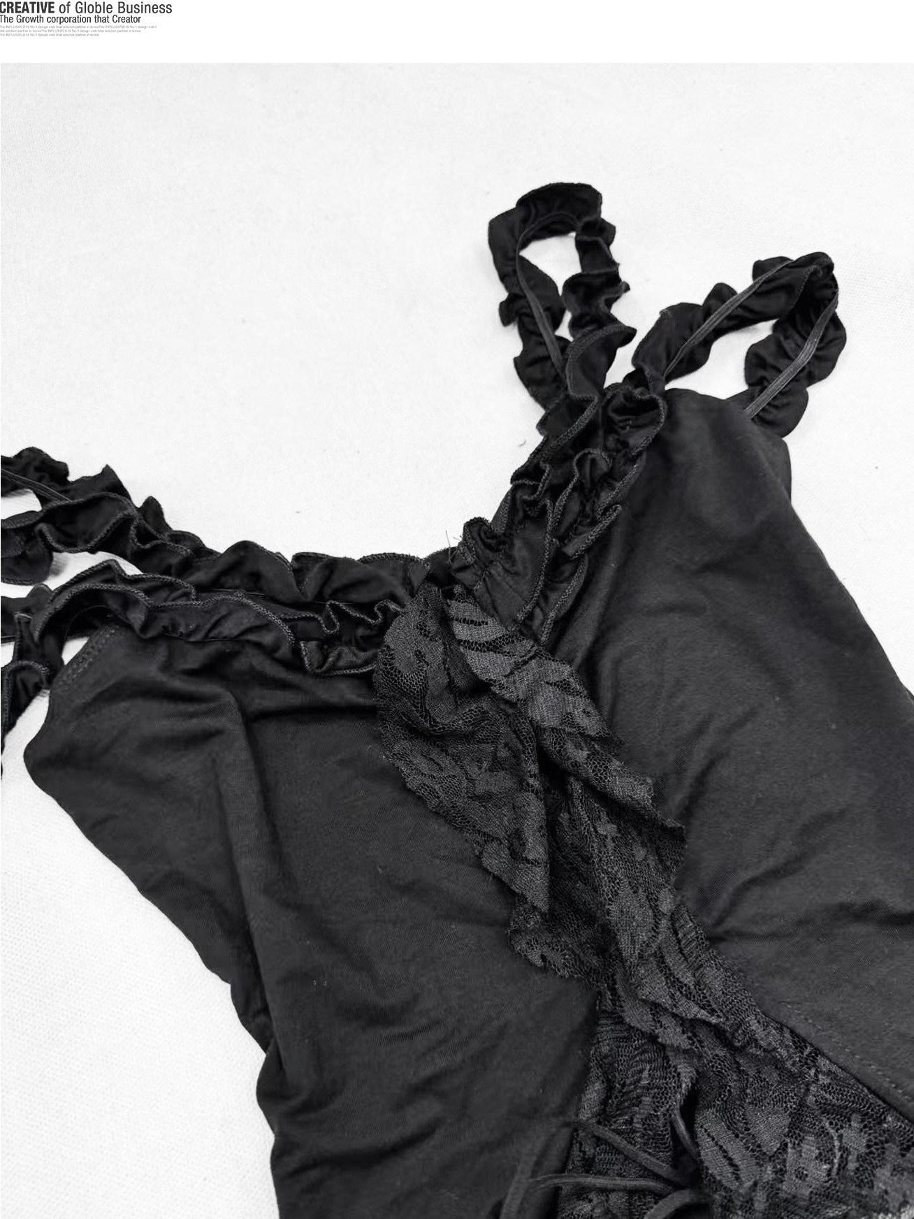REDDACHIC Dark Gothic Irregular Ruffle V-neck Tie Waist Women'S Lace Slip Mini Dresses