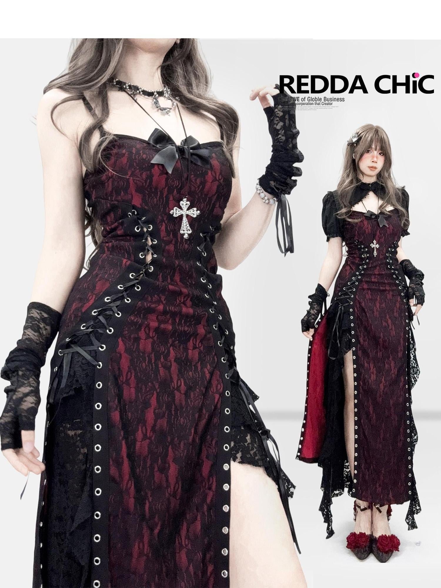 REDDACHIC Dark Gothic Lace Slit Bodycon Spaghetti Strap Women'S Polyester Maxi Dresses