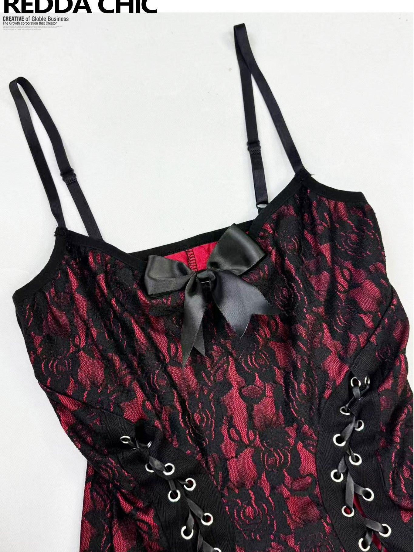 REDDACHIC Dark Gothic Lace Slit Bodycon Spaghetti Strap Women'S Polyester Maxi Dresses