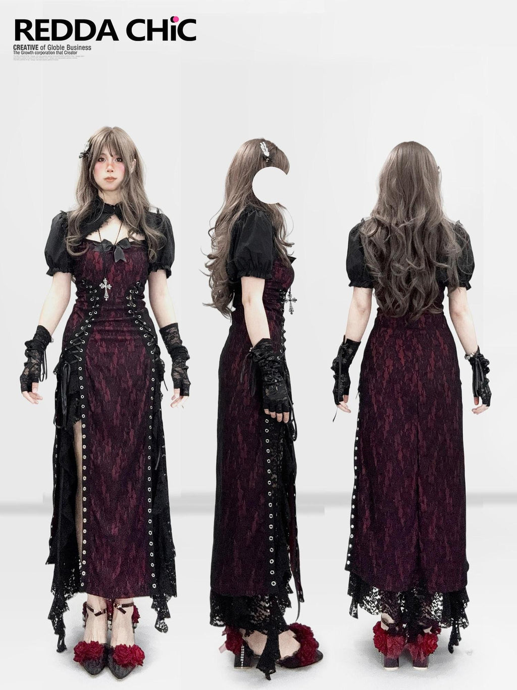 REDDACHIC Dark Gothic Lace Slit Bodycon Spaghetti Strap Women'S Polyester Maxi Dresses