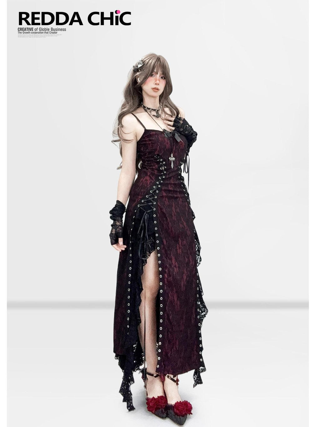 REDDACHIC Dark Gothic Lace Slit Bodycon Spaghetti Strap Women'S Polyester Maxi Dresses