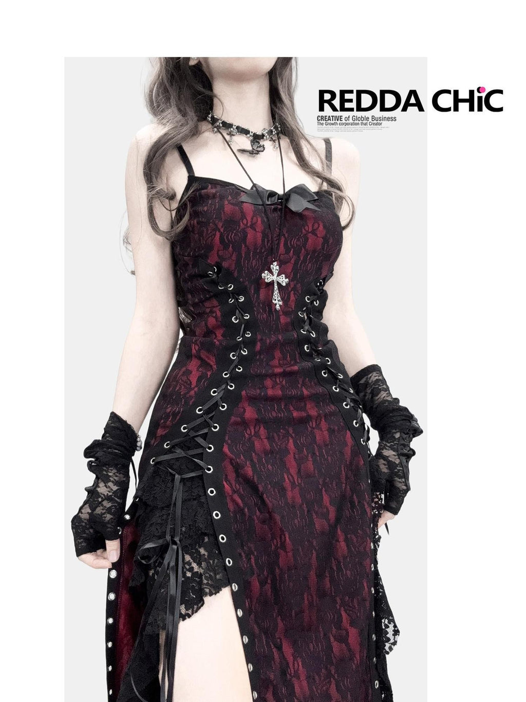 REDDACHIC Dark Gothic Lace Slit Bodycon Spaghetti Strap Women'S Polyester Maxi Dresses