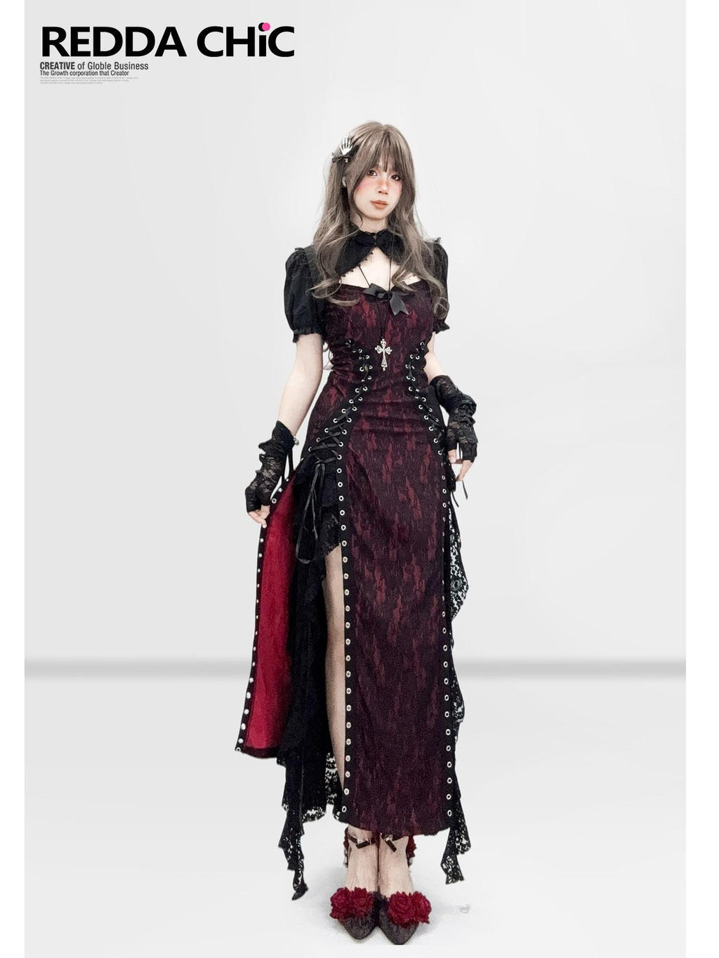 REDDACHIC Dark Gothic Lace Slit Bodycon Spaghetti Strap Women'S Polyester Maxi Dresses