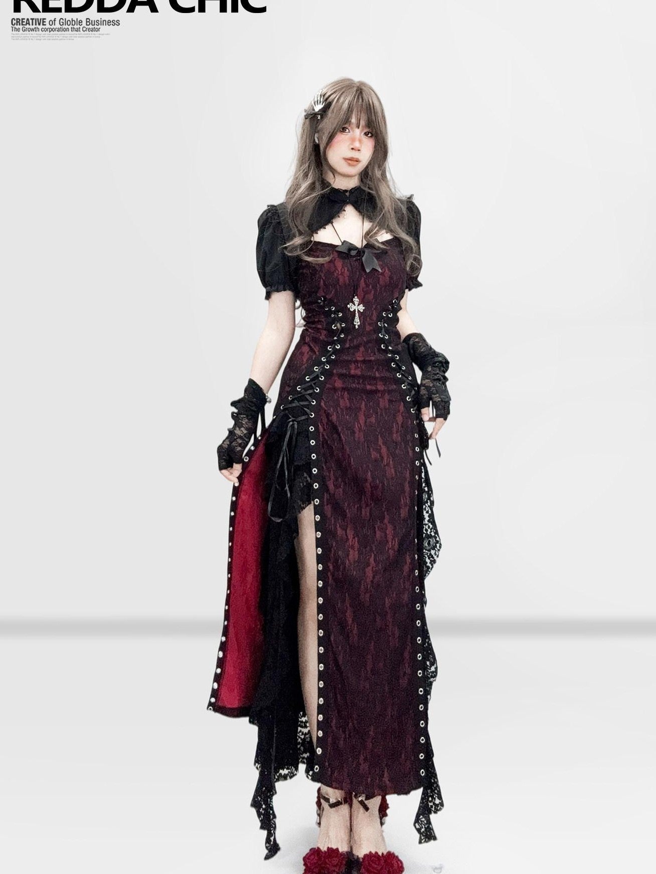 REDDACHIC Dark Gothic Lace Slit Bodycon Spaghetti Strap Women'S Polyester Maxi Dresses