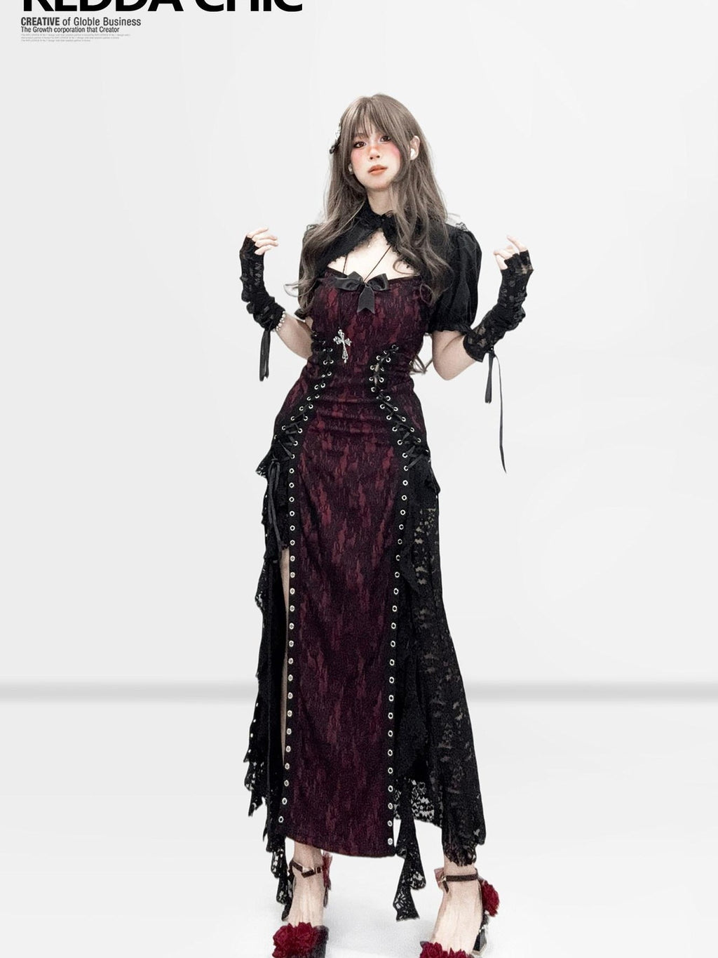 REDDACHIC Dark Gothic Lace Slit Bodycon Spaghetti Strap Women'S Polyester Maxi Dresses