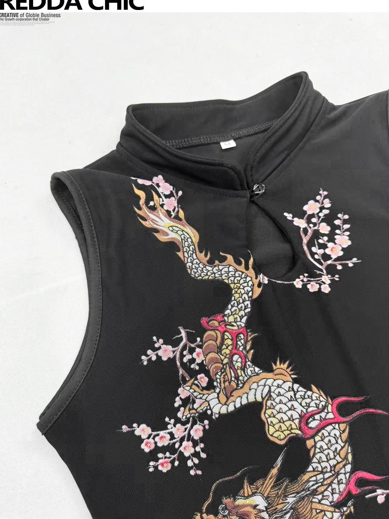 REDDACHIC Dark Gothic Printed Cheongsam Sleeveless Slim Women'S Two Piece Midi Dresses