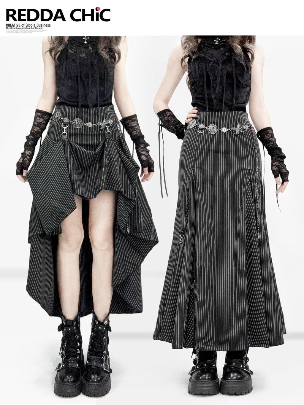 REDDACHIC Dark Gothic Striped Panelled Ruffled A Line Women'S Polyester Maxi Skirts
