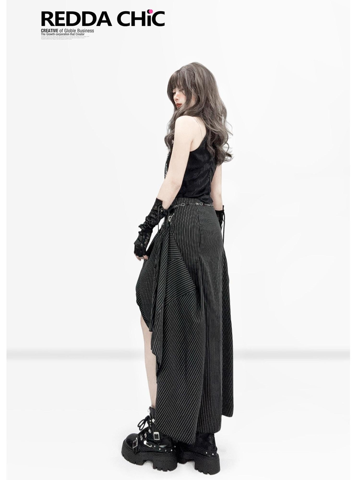 REDDACHIC Dark Gothic Striped Panelled Ruffled A Line Women'S Polyester Maxi Skirts
