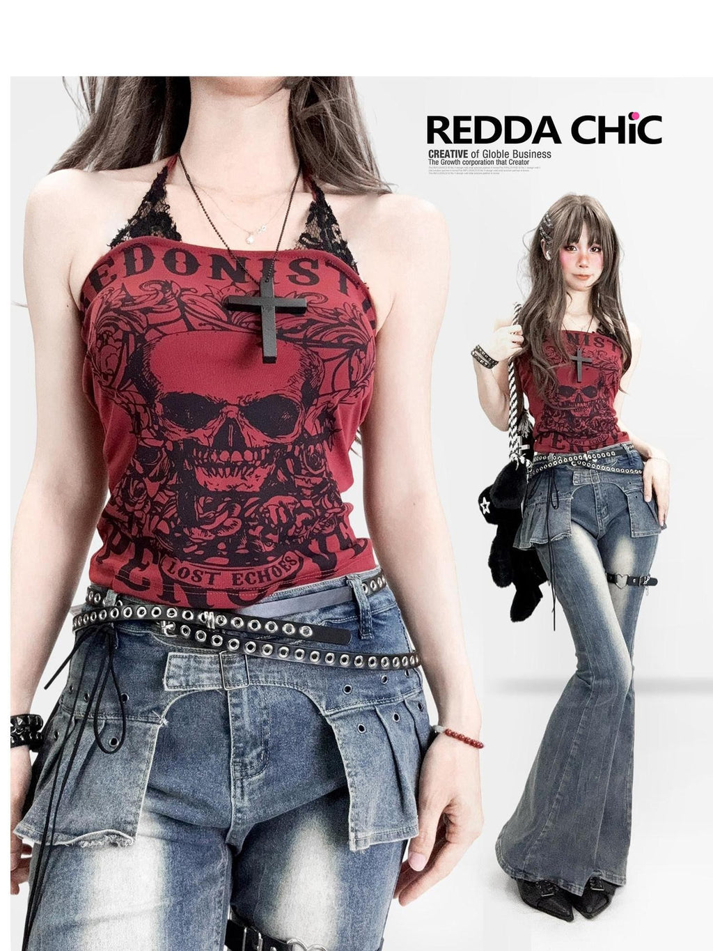 REDDACHIC Dark Gothic Wine Red Skull Print Halter Crop Slim Fit Women'S Camisoles