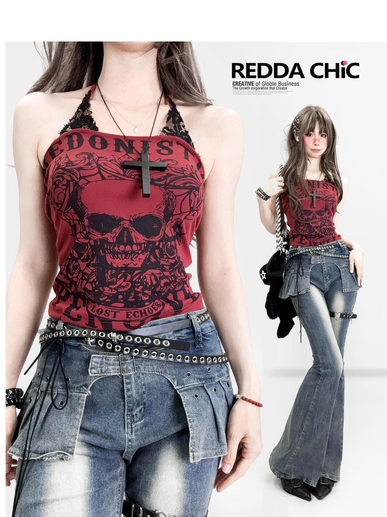 REDDACHIC Dark Gothic Wine Red Skull Print Halter Crop Slim Fit Women'S Camisoles