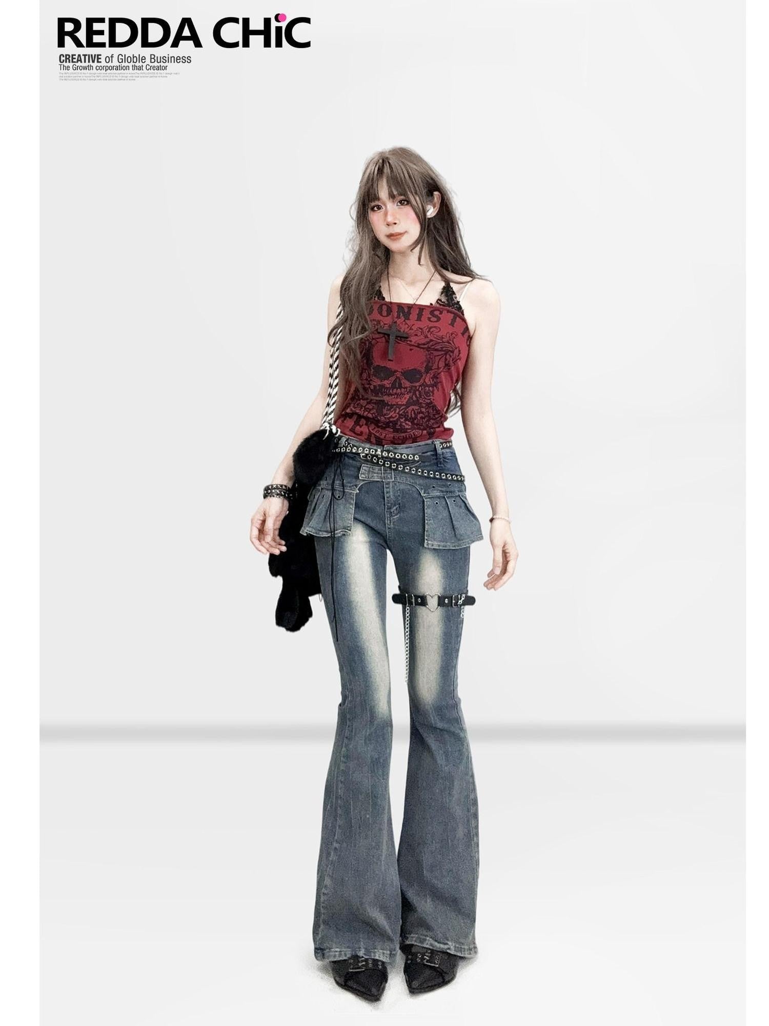 REDDACHIC Dark Gothic Wine Red Skull Print Halter Crop Slim Fit Women'S Camisoles