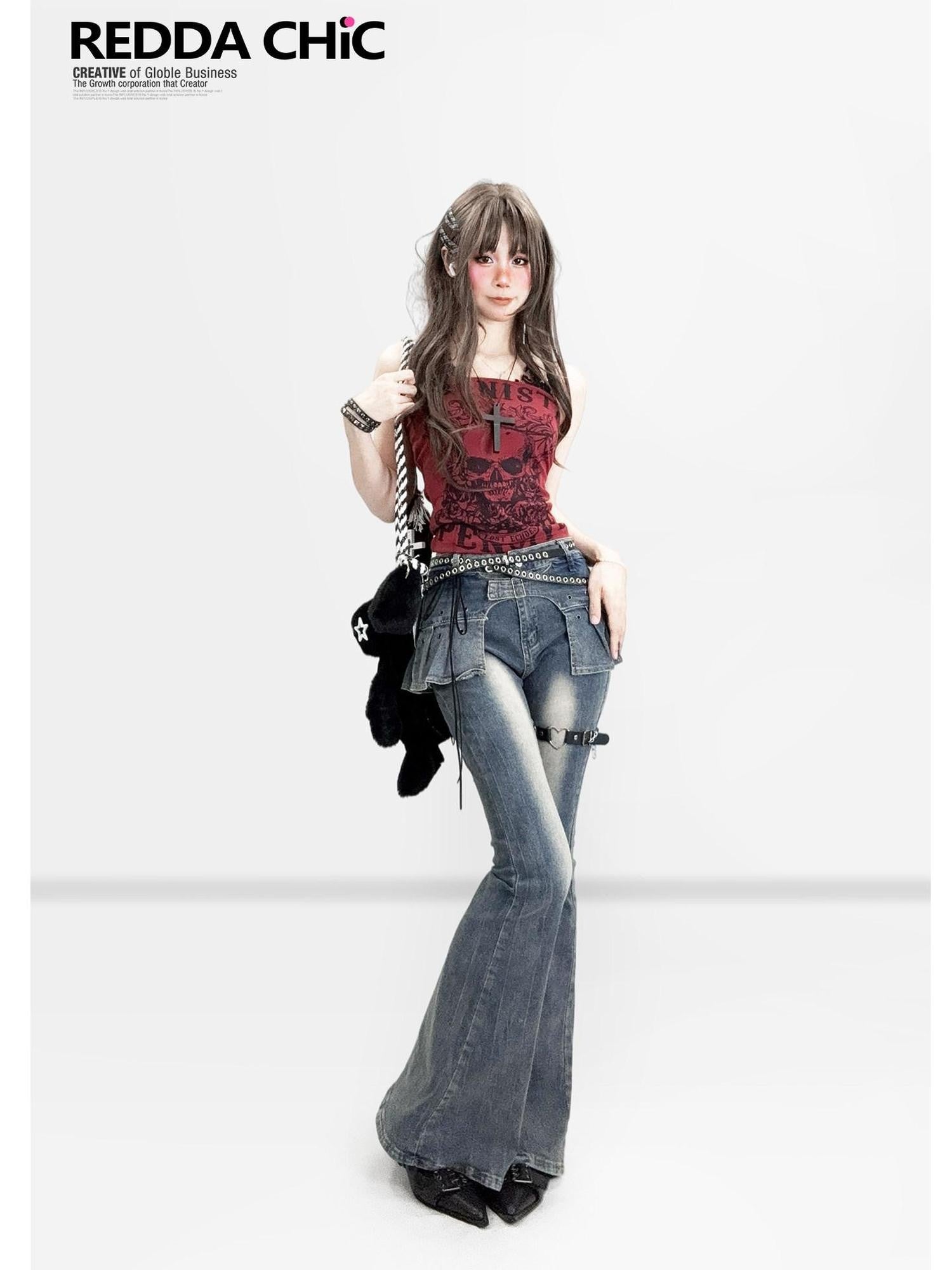 REDDACHIC Dark Gothic Wine Red Skull Print Halter Crop Slim Fit Women'S Camisoles