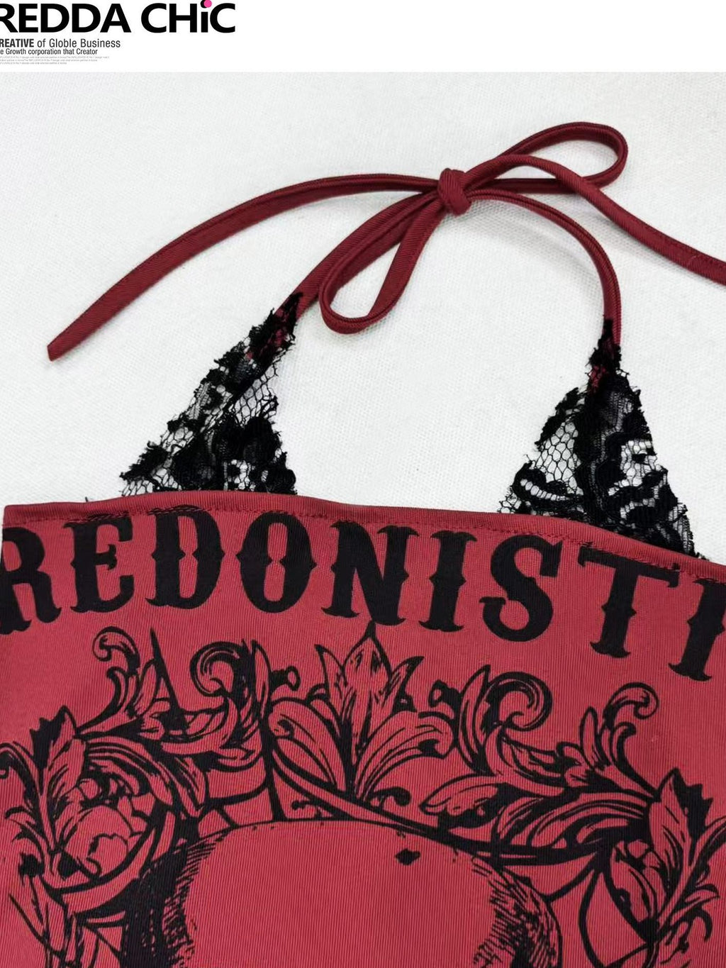 REDDACHIC Dark Gothic Wine Red Skull Print Halter Crop Slim Fit Women'S Camisoles