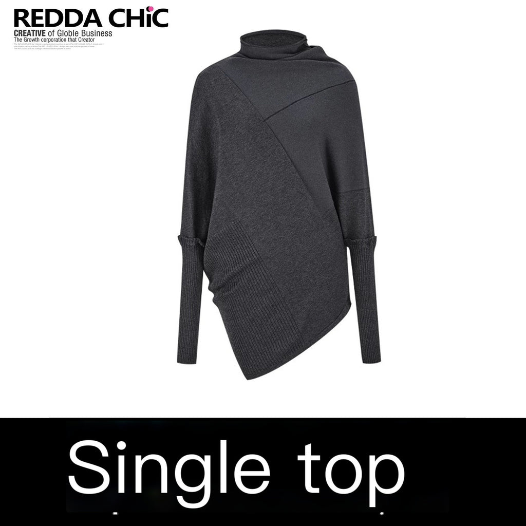 REDDACHIC_Dark_Gray_Asymmetric_Slim_Batwing_Mockneck_Women'S_Thin_Long_Sleeve_T-Shirts_MISSTT