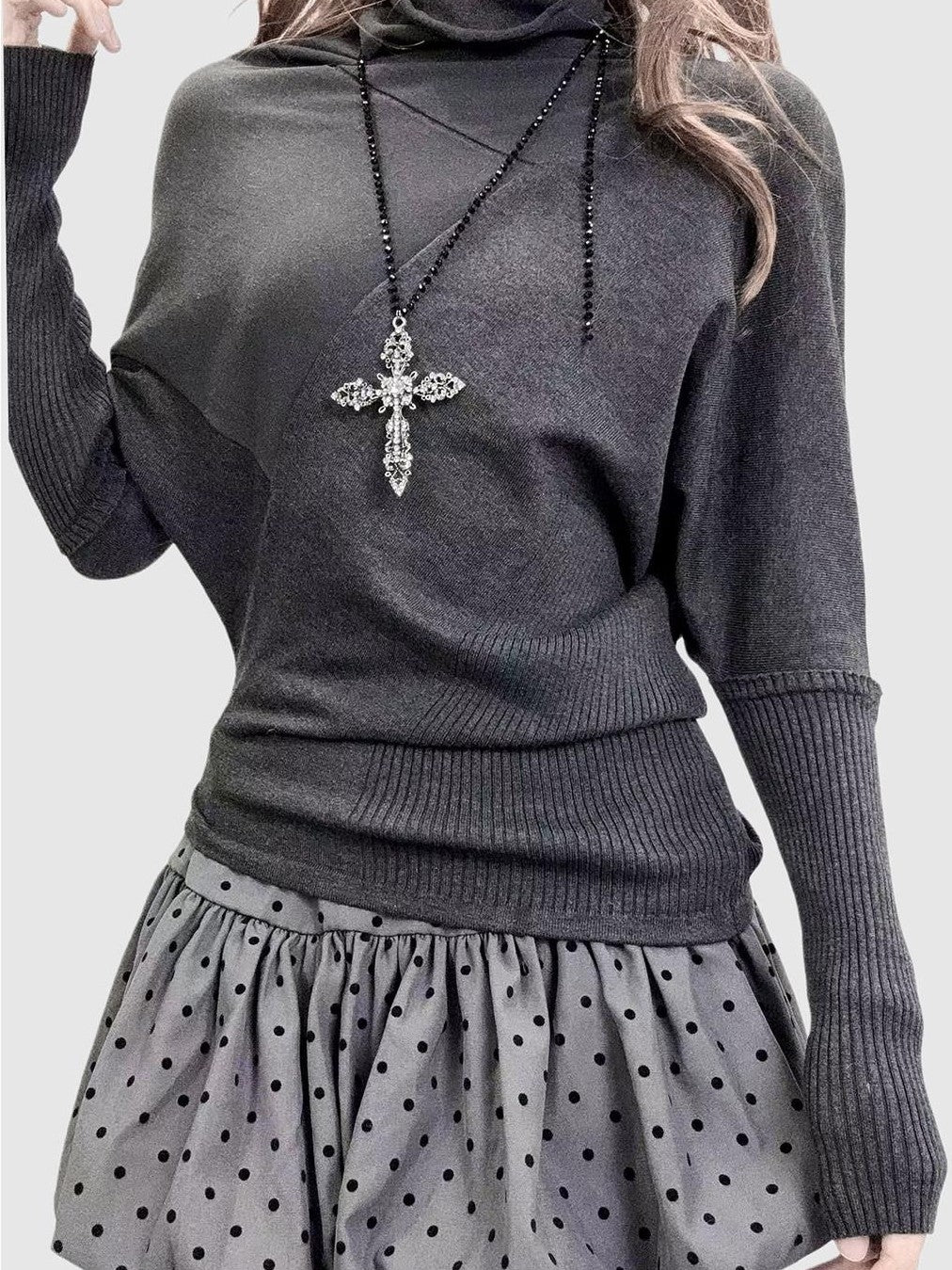 REDDACHIC Dark Gray Asymmetric Slim Batwing Mockneck Women'S Thin Long Sleeve T-Shirts