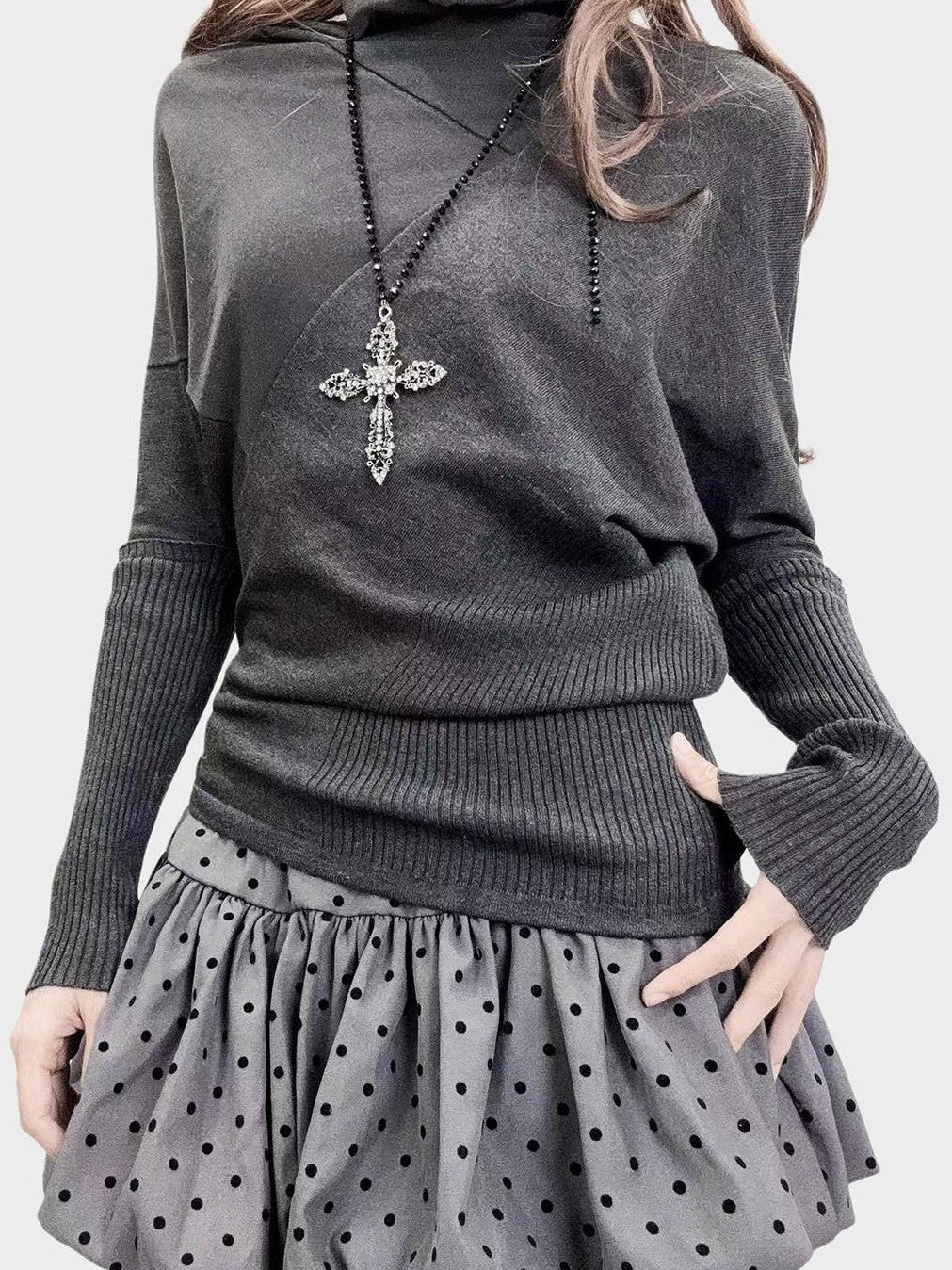REDDACHIC Dark Gray Asymmetric Slim Batwing Mockneck Women'S Thin Long Sleeve T-Shirts