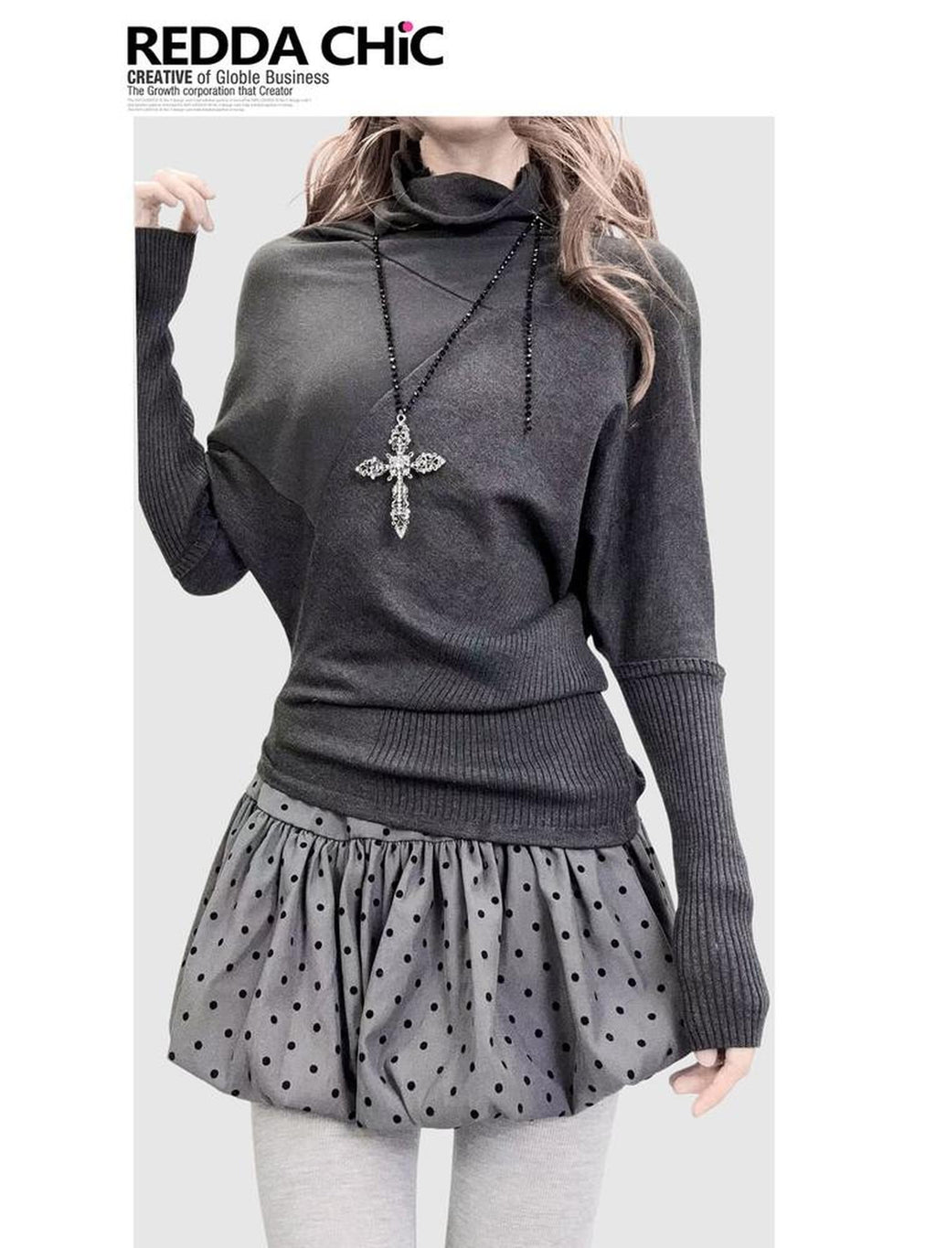 REDDACHIC Dark Gray Asymmetric Slim Batwing Mockneck Women'S Thin Long Sleeve T-Shirts