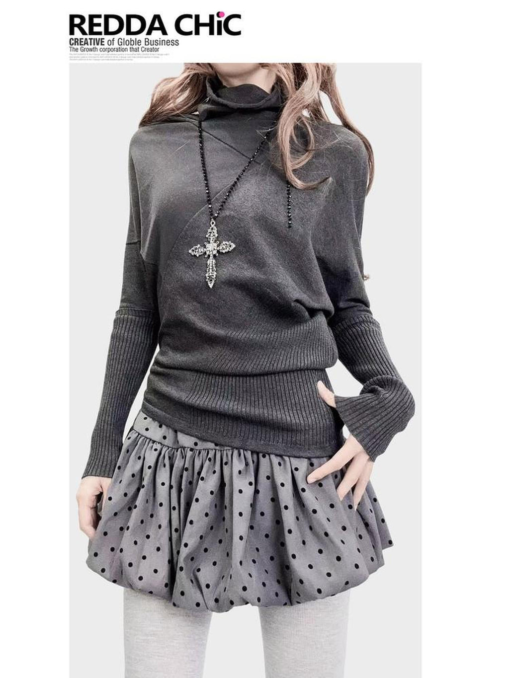 REDDACHIC Dark Gray Asymmetric Slim Batwing Mockneck Women'S Thin Long Sleeve T-Shirts