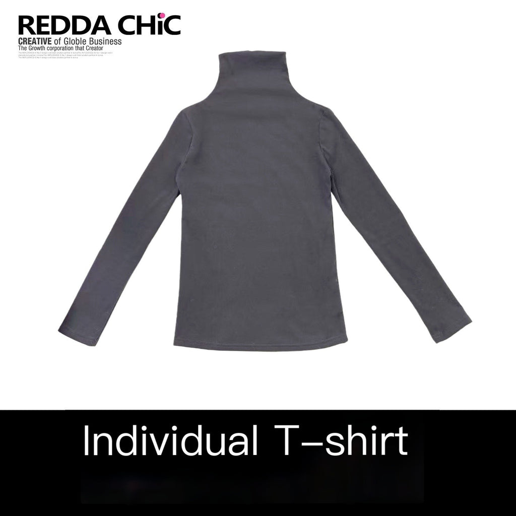 REDDACHIC_Dark_Gray_High_Neck_Slim_Y2K_Vintage_Women'S_Derong_Fleece_Long_Sleeve_T-Shirts_MISSTT