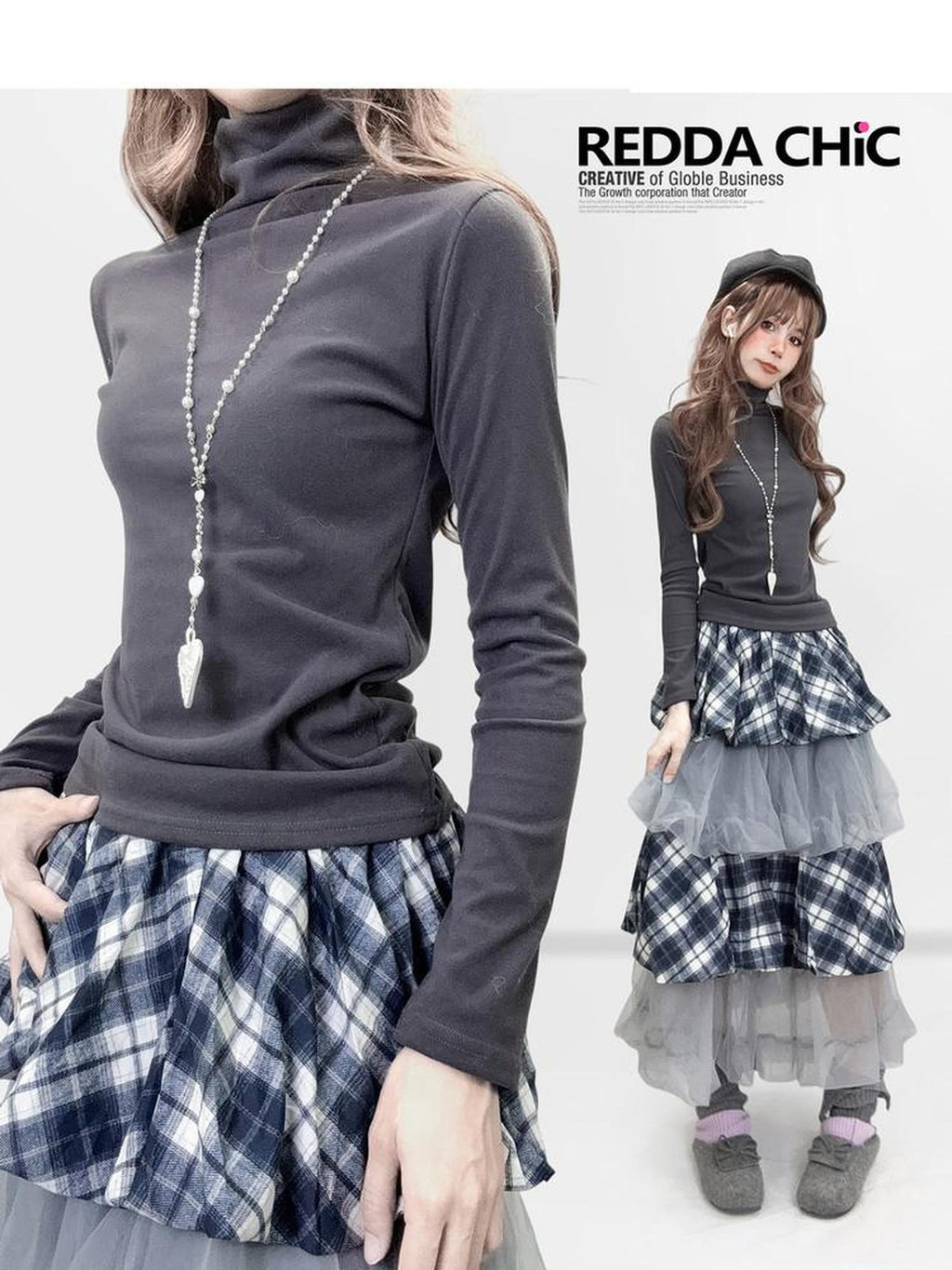 REDDACHIC Dark Gray High Neck Slim Y2K Vintage Women'S Derong Fleece Long Sleeve T-Shirts