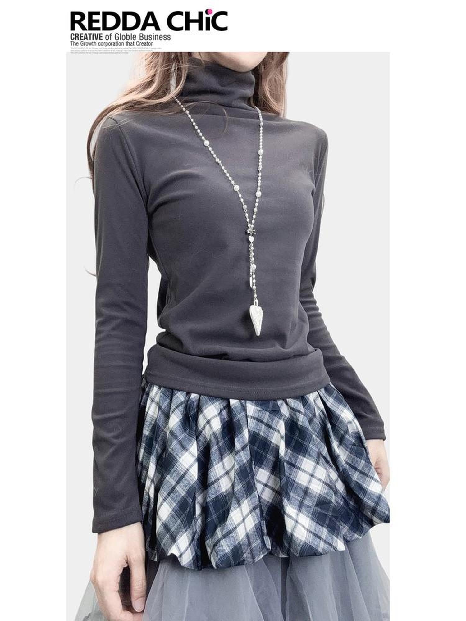 REDDACHIC Dark Gray High Neck Slim Y2K Vintage Women'S Derong Fleece Long Sleeve T-Shirts