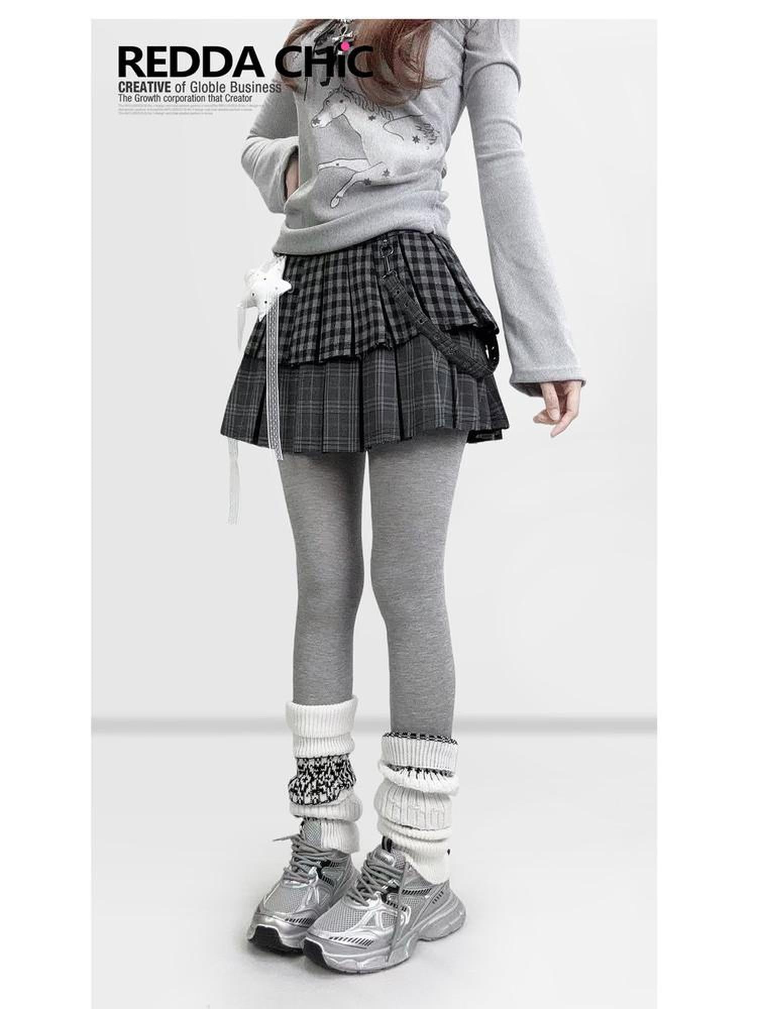 REDDACHIC Dark Gray Plaid Patchwork Layered High Waist Women'S Wool Blend Mini Skirts