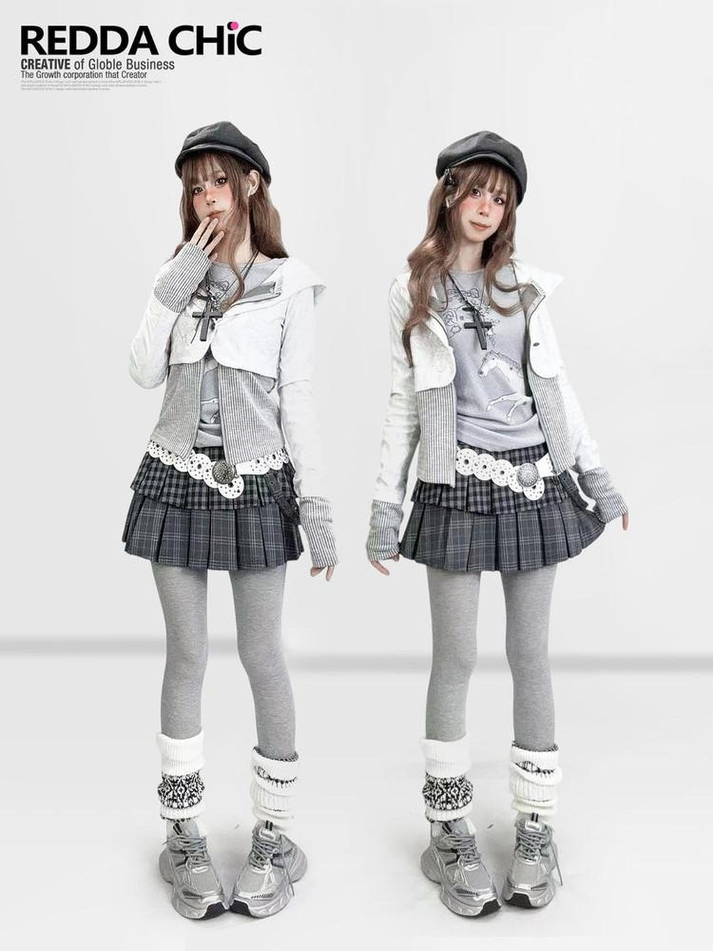 REDDACHIC Dark Gray Plaid Patchwork Layered High Waist Women'S Wool Blend Mini Skirts