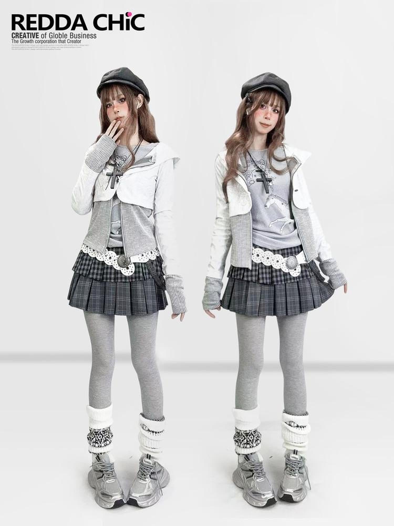 REDDACHIC Dark Gray Plaid Patchwork Layered High Waist Women'S Wool Blend Mini Skirts
