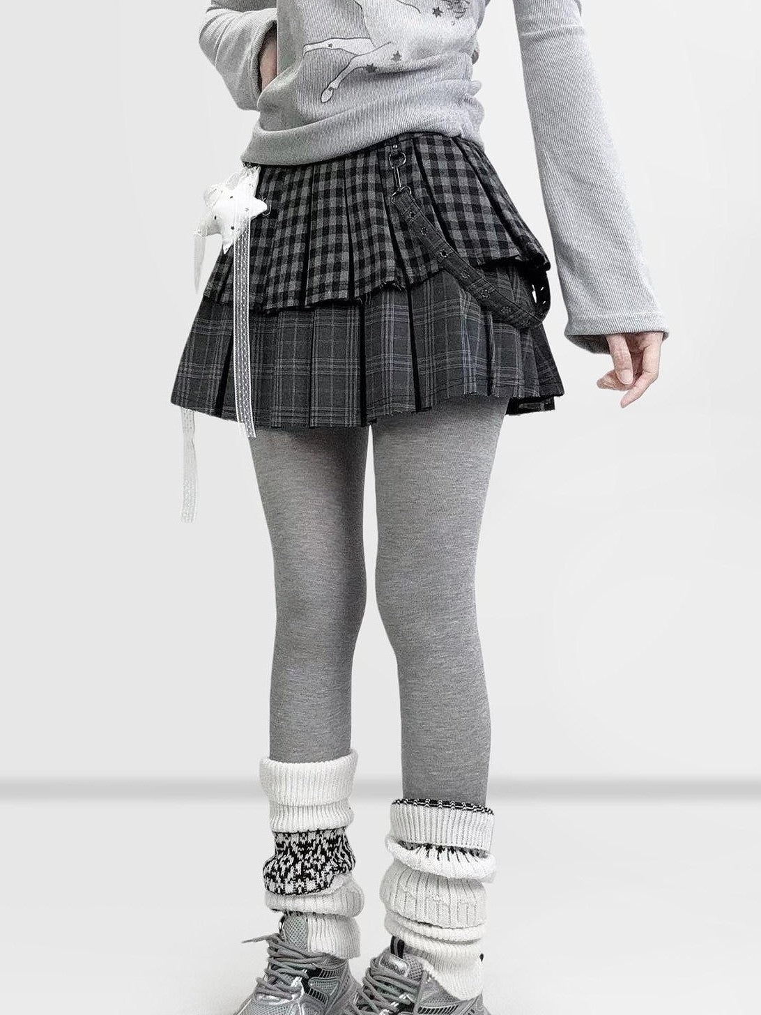 REDDACHIC Dark Gray Plaid Patchwork Layered High Waist Women'S Wool Blend Mini Skirts