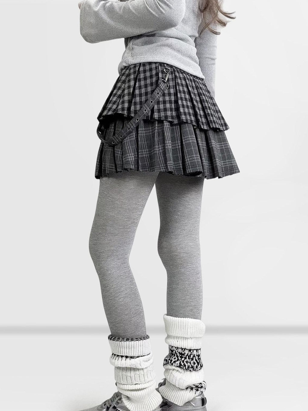 REDDACHIC Dark Gray Plaid Patchwork Layered High Waist Women'S Wool Blend Mini Skirts