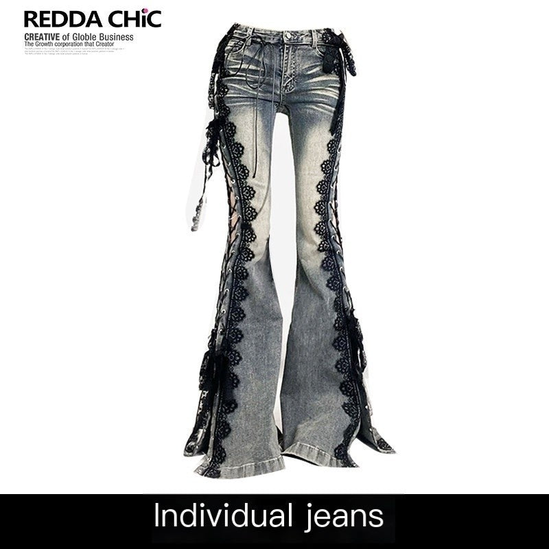 REDDACHIC_Dark_Lace_Up_Slit_Low_Rise_Slim_Women'S_Stretch_Cotton_Denim_Flare_Jeans_MISSTT